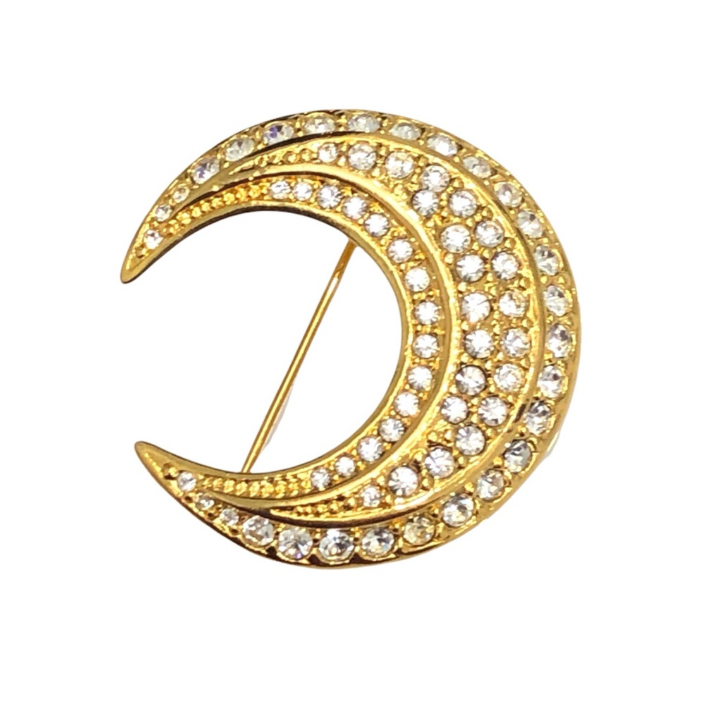 VINTAGE JOAN RIVERS GOLD & CLEAR CRYSTAL CRESCENT MOON BROOCH